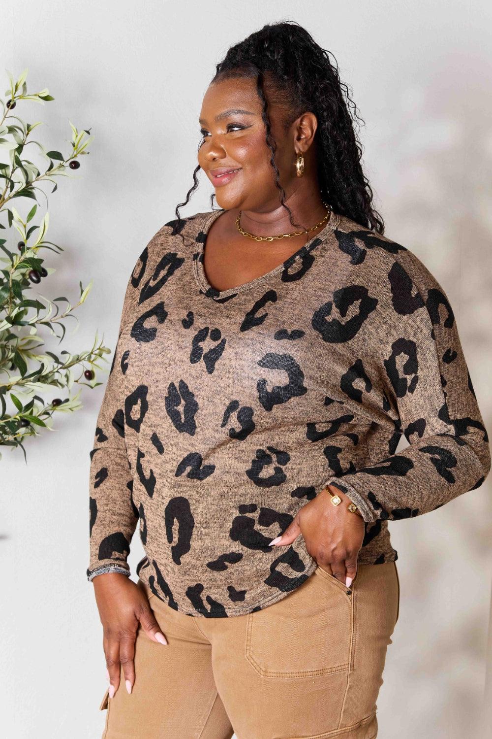 Hopely Full Size Leopard V-Neck Long Sleeve T-Shirt - Immenzive