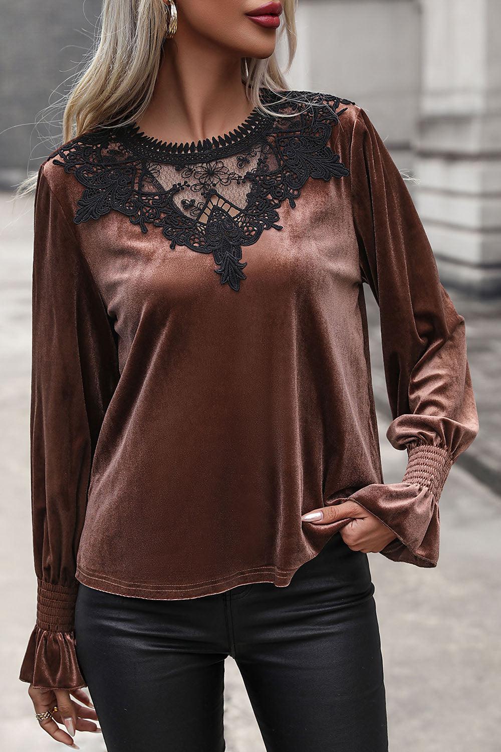 Lace Detail Round Neck Smocked Flounce Sleeve Blouse - Immenzive