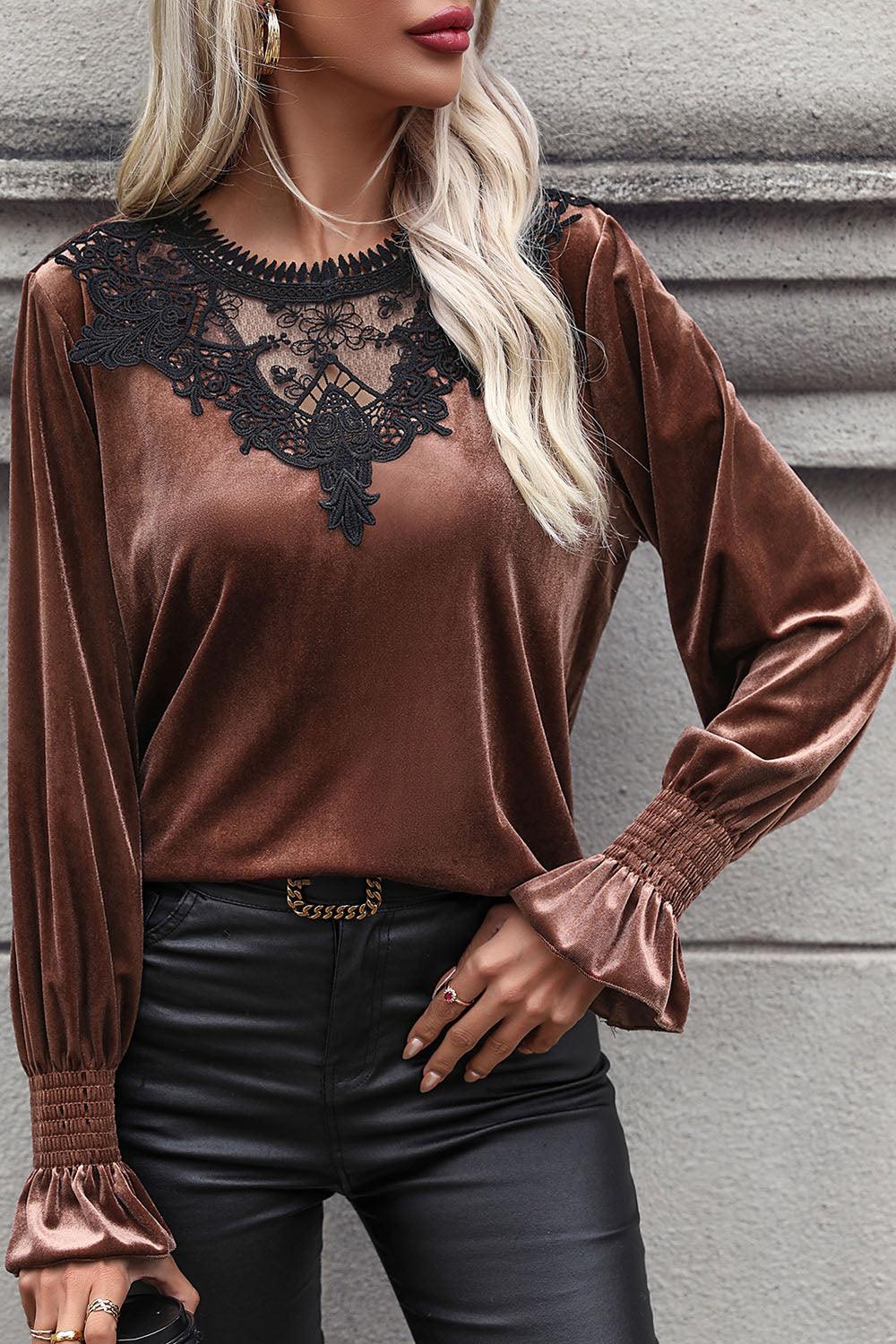 Lace Detail Round Neck Smocked Flounce Sleeve Blouse - Immenzive