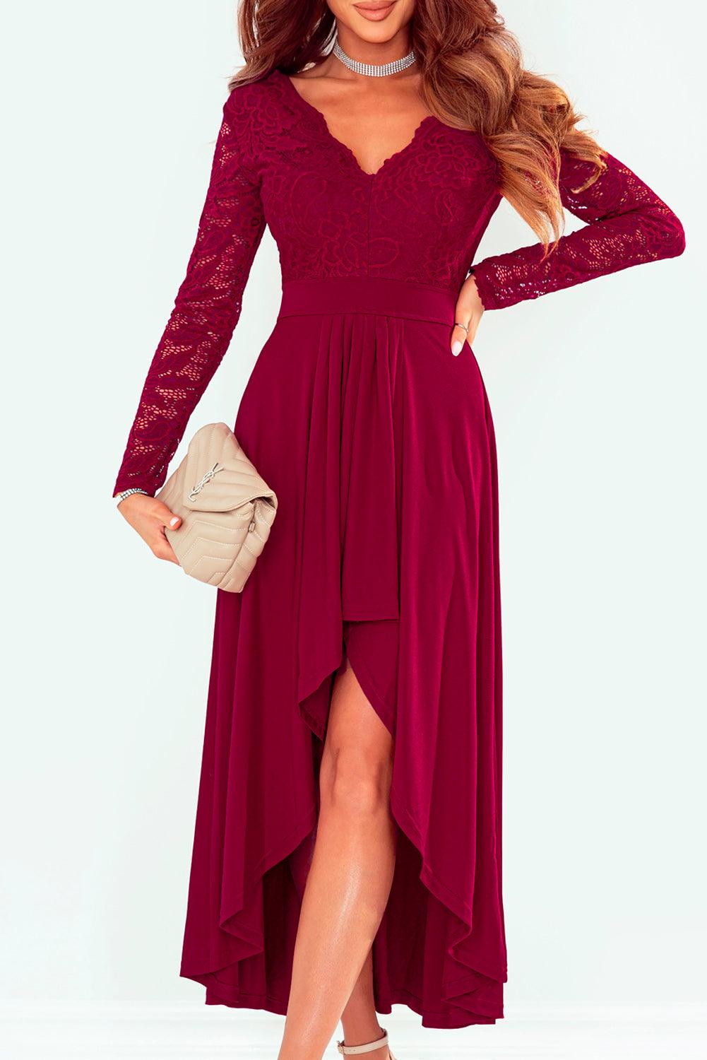 Lace High-Low V-Neck Dress - Immenzive