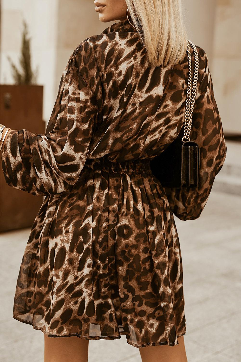 Leopard Buttoned Balloon Sleeve Dress - Immenzive
