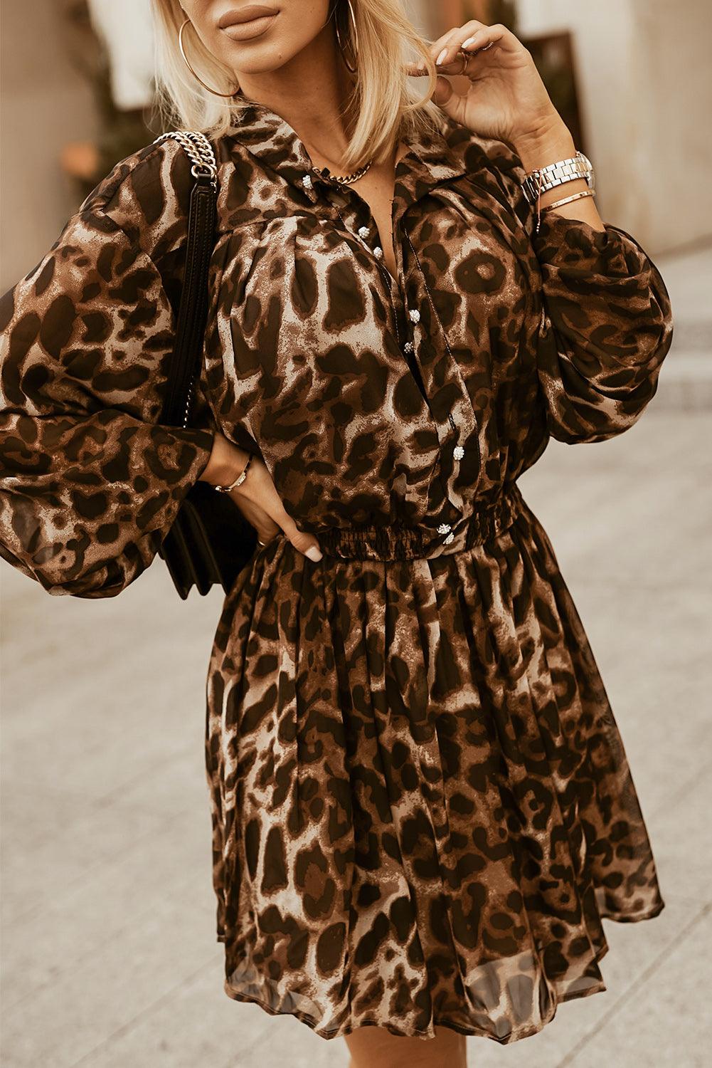 Leopard Buttoned Balloon Sleeve Dress - Immenzive