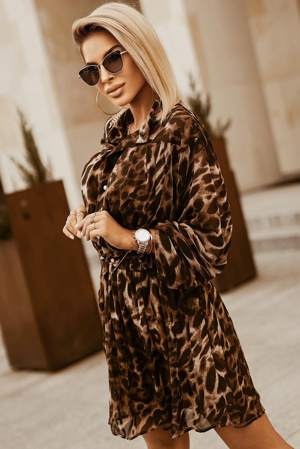 Leopard Buttoned Balloon Sleeve Dress - Immenzive