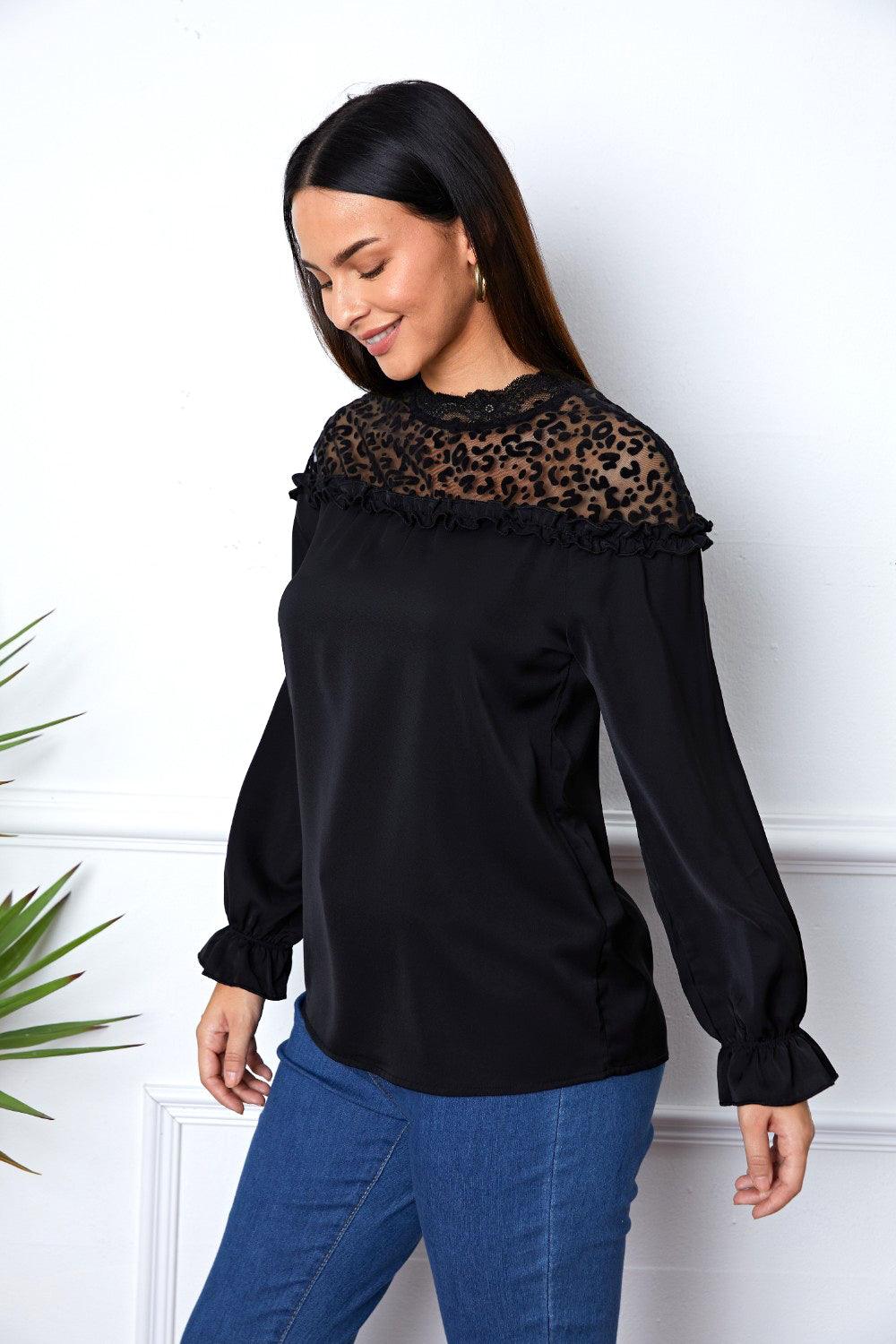 Leopard Frill Flounce Sleeve Blouse - Immenzive