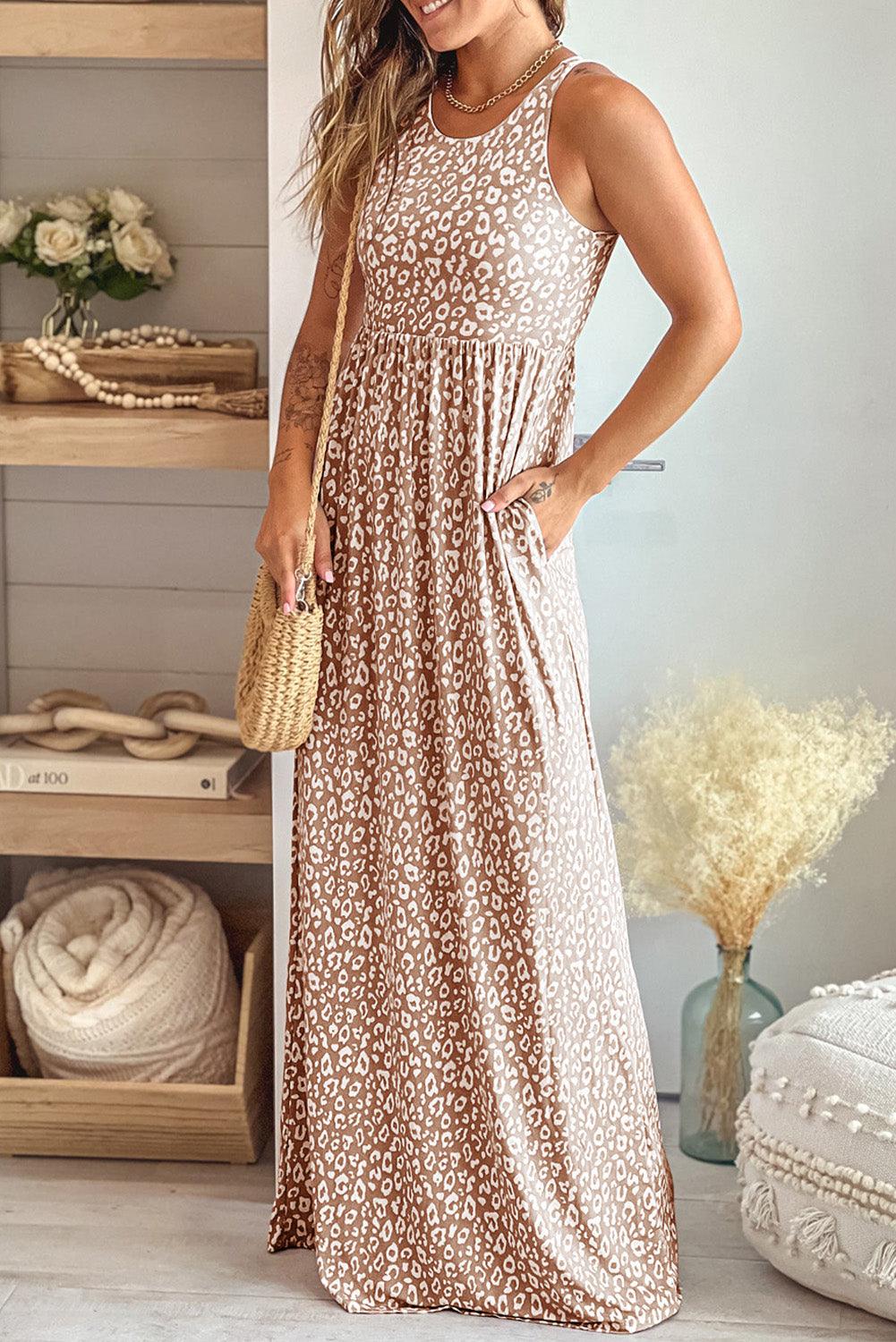 Leopard Round Neck Sleeveless Maxi Dress - Immenzive