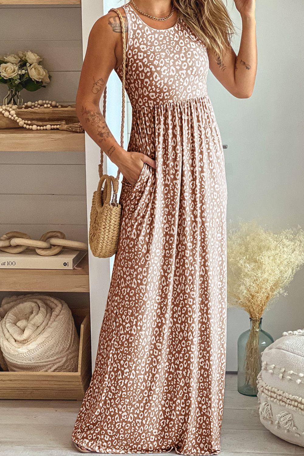 Leopard Round Neck Sleeveless Maxi Dress - Immenzive