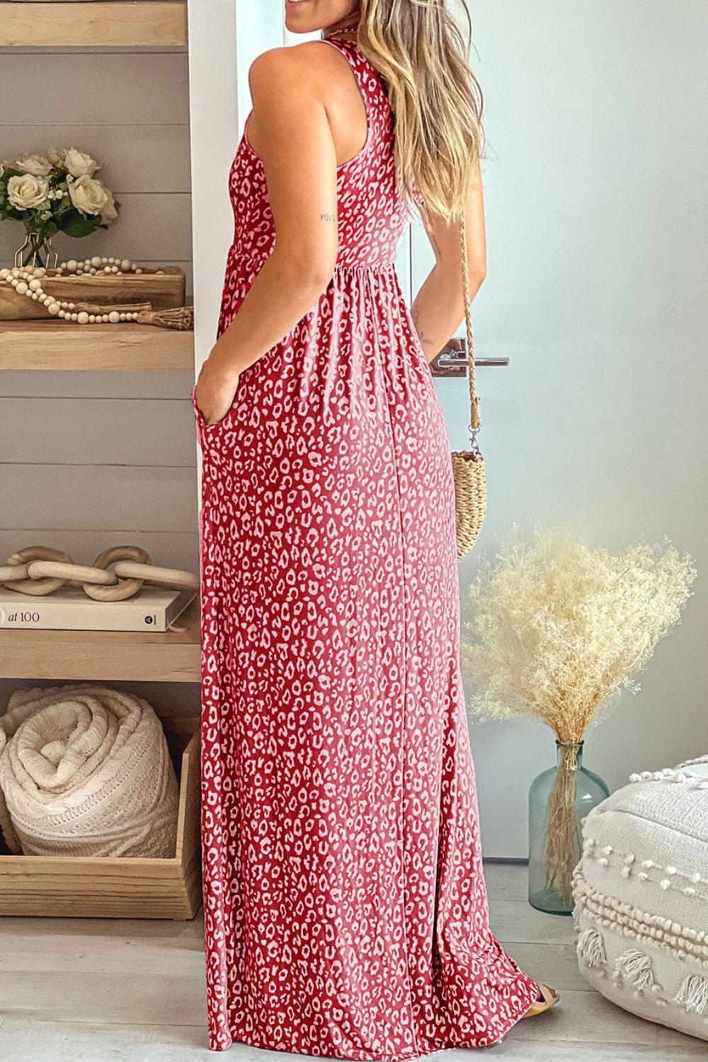 Leopard Round Neck Sleeveless Maxi Dress - Immenzive