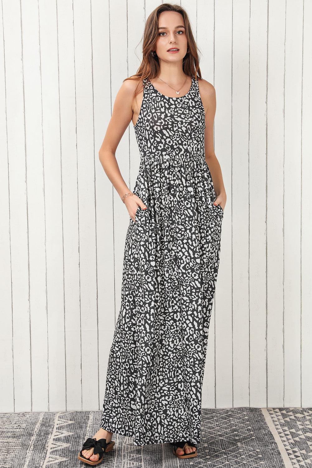 Leopard Round Neck Sleeveless Maxi Dress - Immenzive