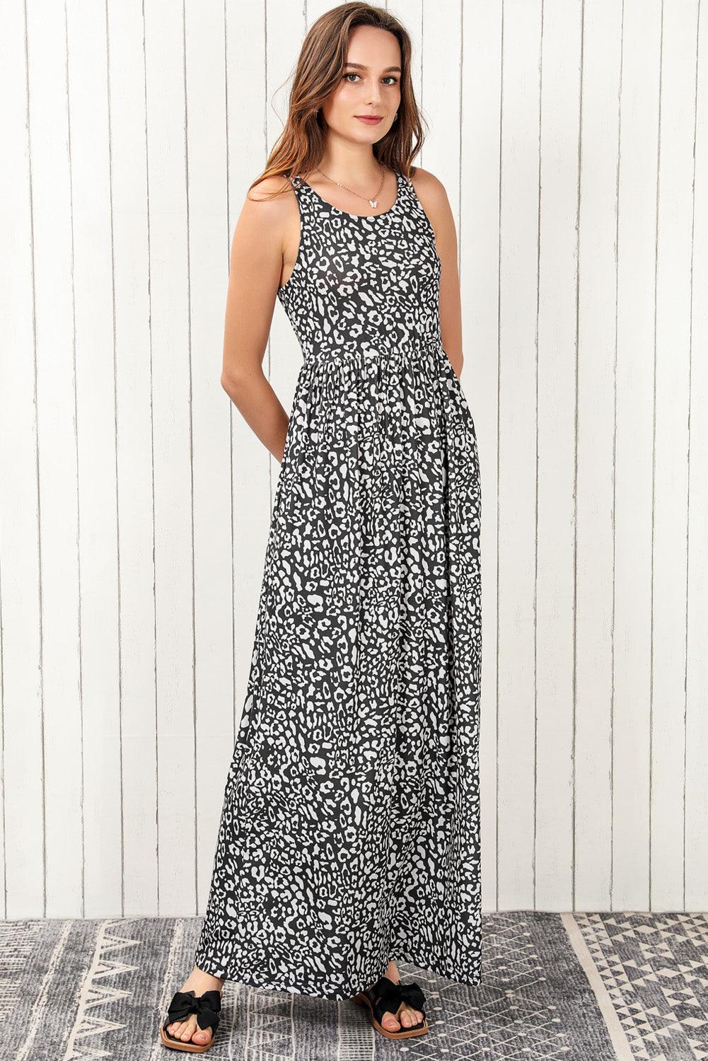 Leopard Round Neck Sleeveless Maxi Dress - Immenzive