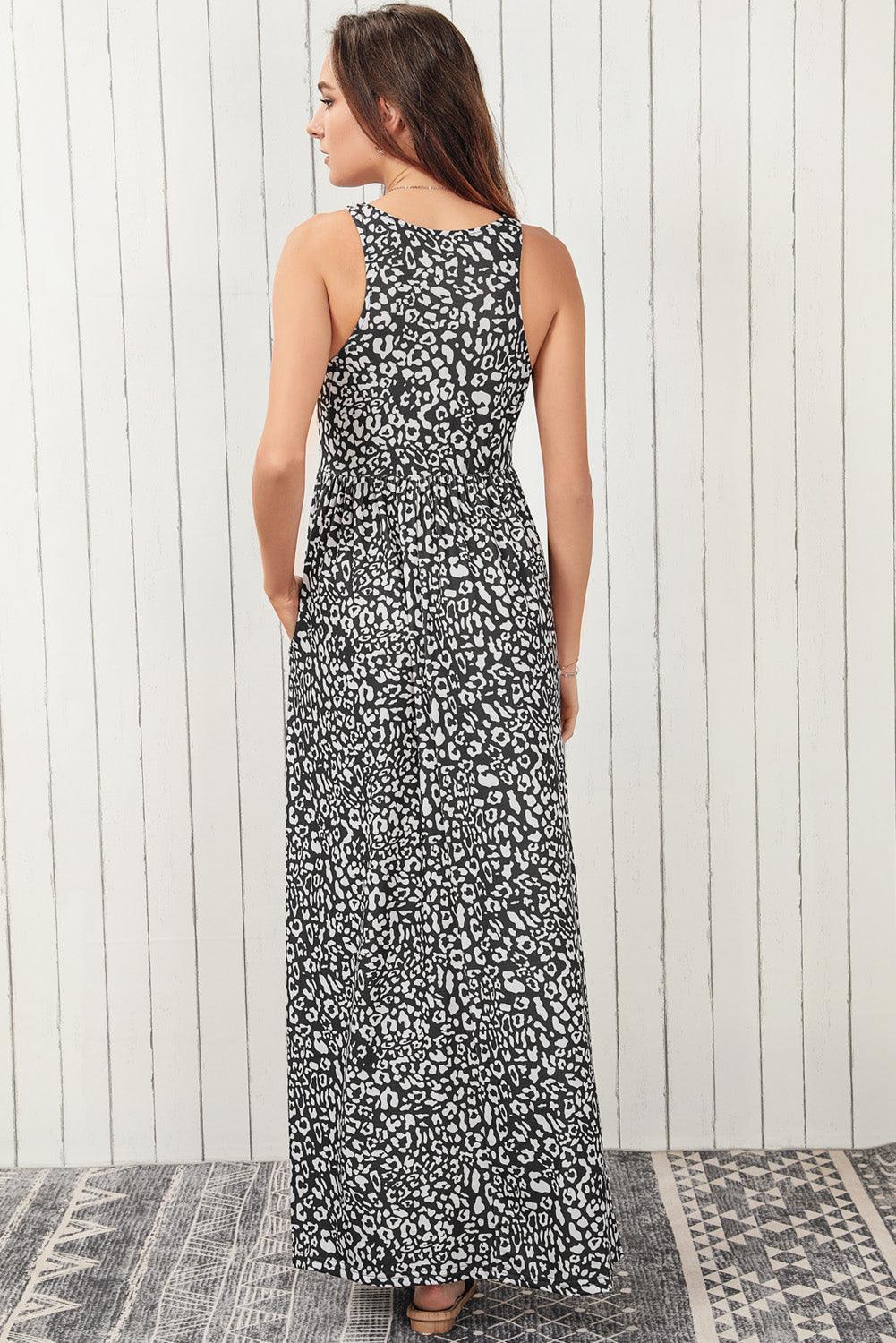 Leopard Round Neck Sleeveless Maxi Dress - Immenzive