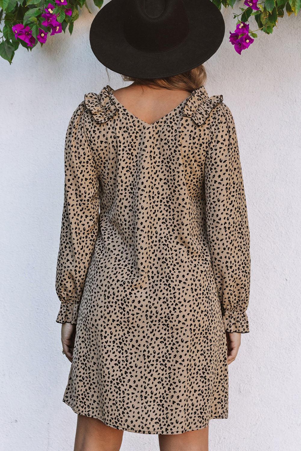 Leopard V-Neck Long Sleeve Dress - Immenzive