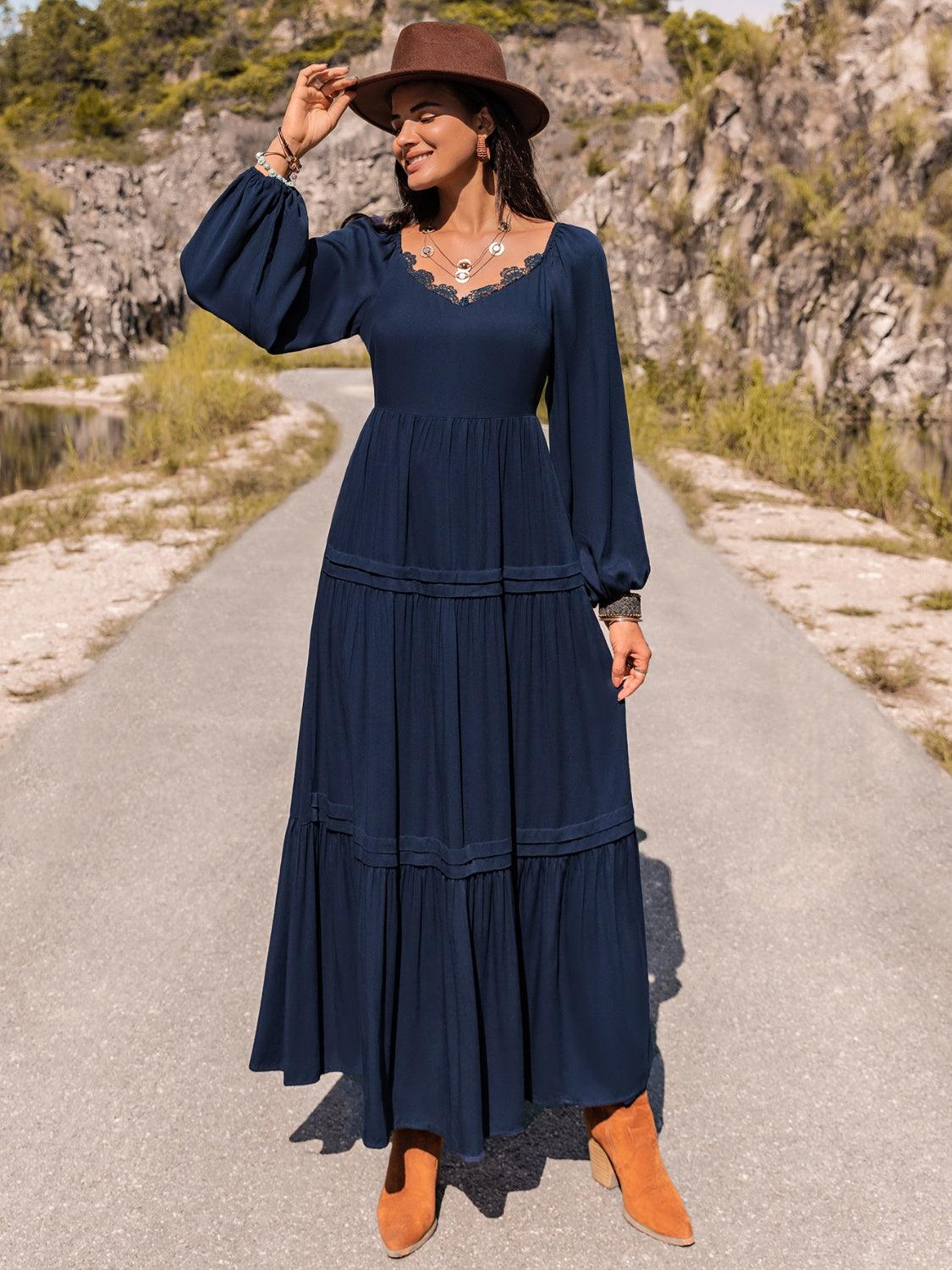 Long Sleeve Lace Trim Maxi Dress - Immenzive