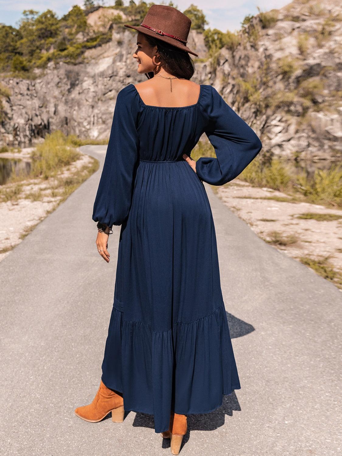 Long Sleeve Lace Trim Maxi Dress - Immenzive