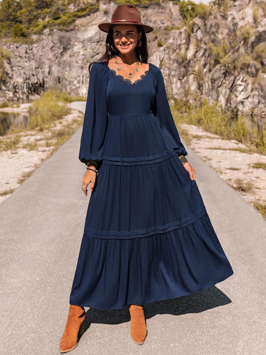 Long Sleeve Lace Trim Maxi Dress - Immenzive