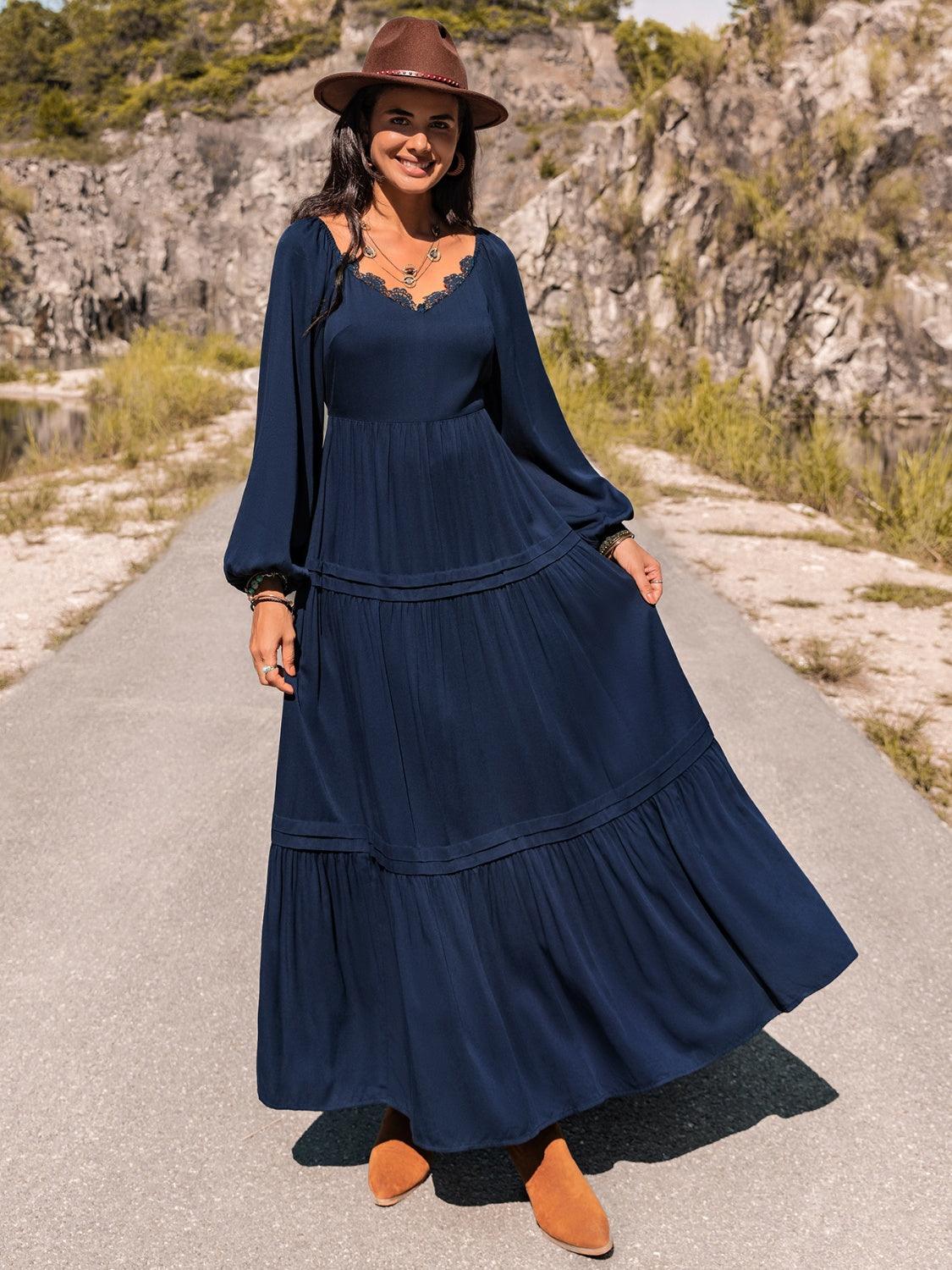 Long Sleeve Lace Trim Maxi Dress - Immenzive