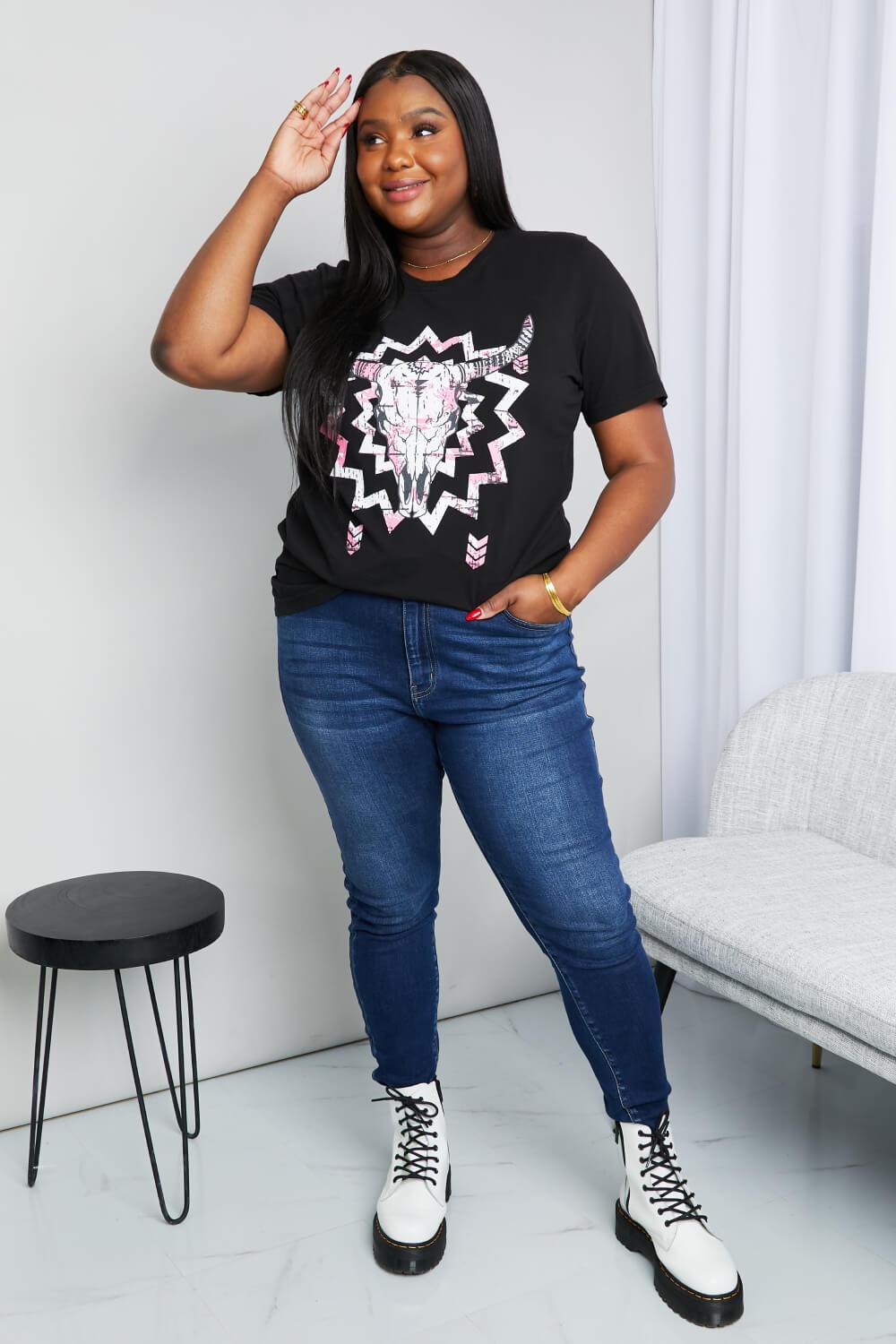 mineB Full Size Graphic Round Neck Tee Shirt - Immenzive