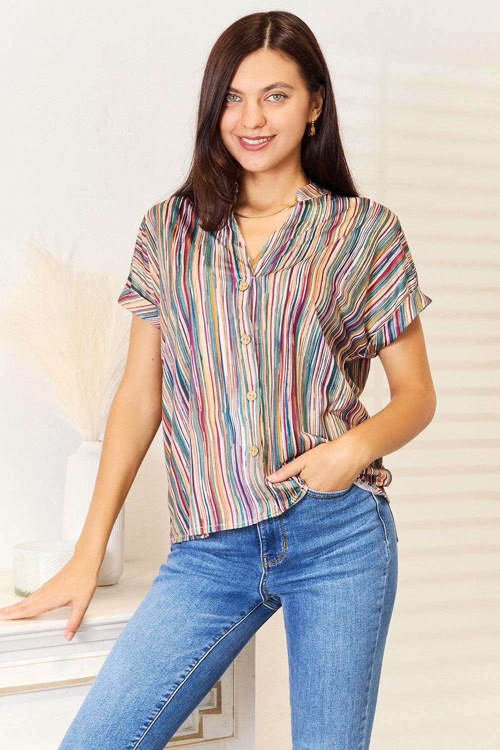 Multicolored Stripe Notched Neck Top - Immenzive