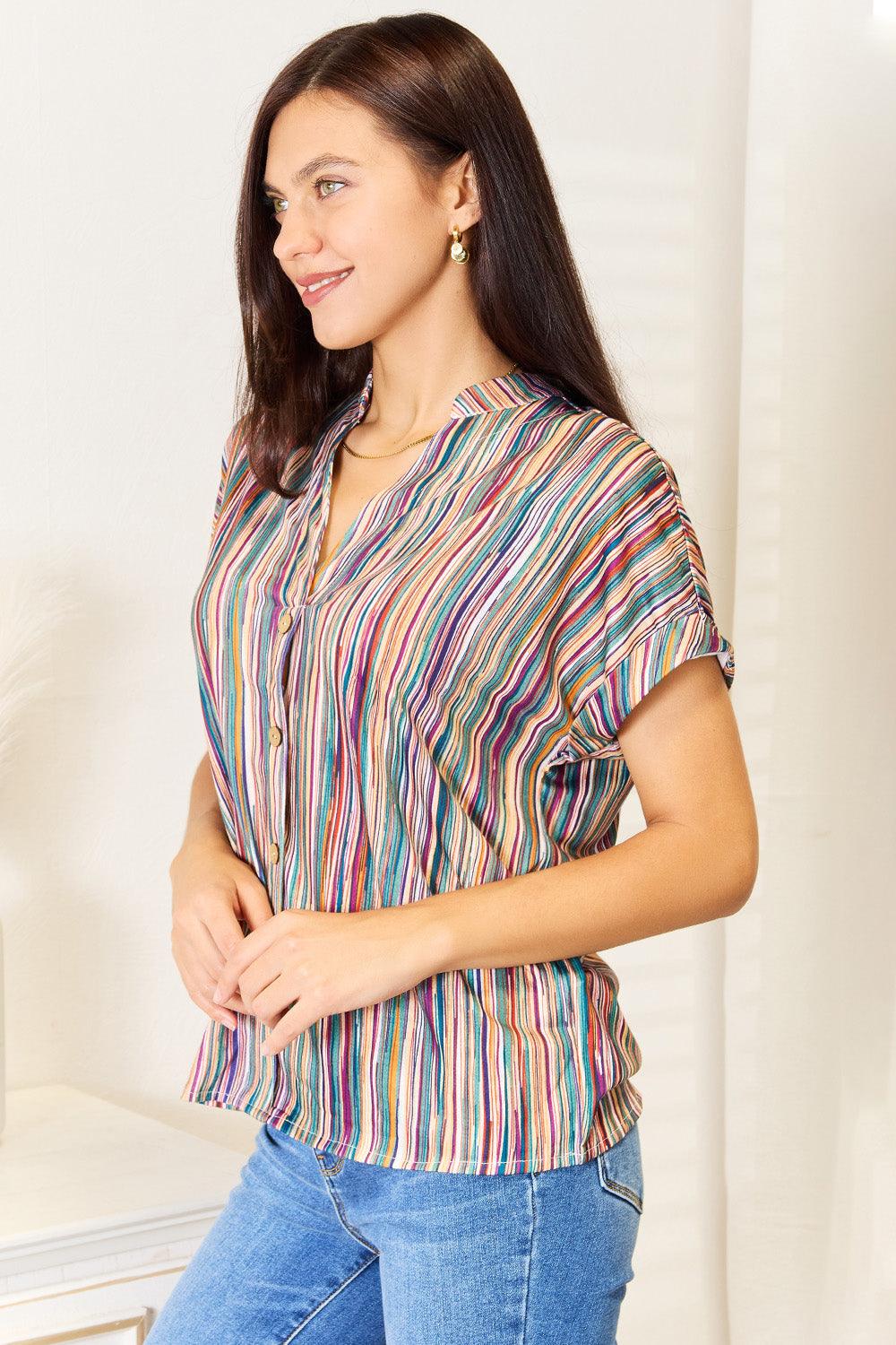 Multicolored Stripe Notched Neck Top - Immenzive