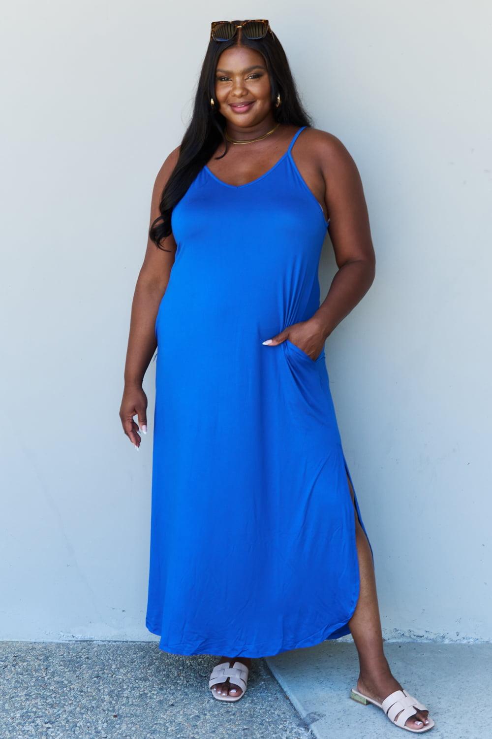 Ninexis Good Energy Full Size Cami Side Slit Maxi Dress in Royal Blue - Immenzive