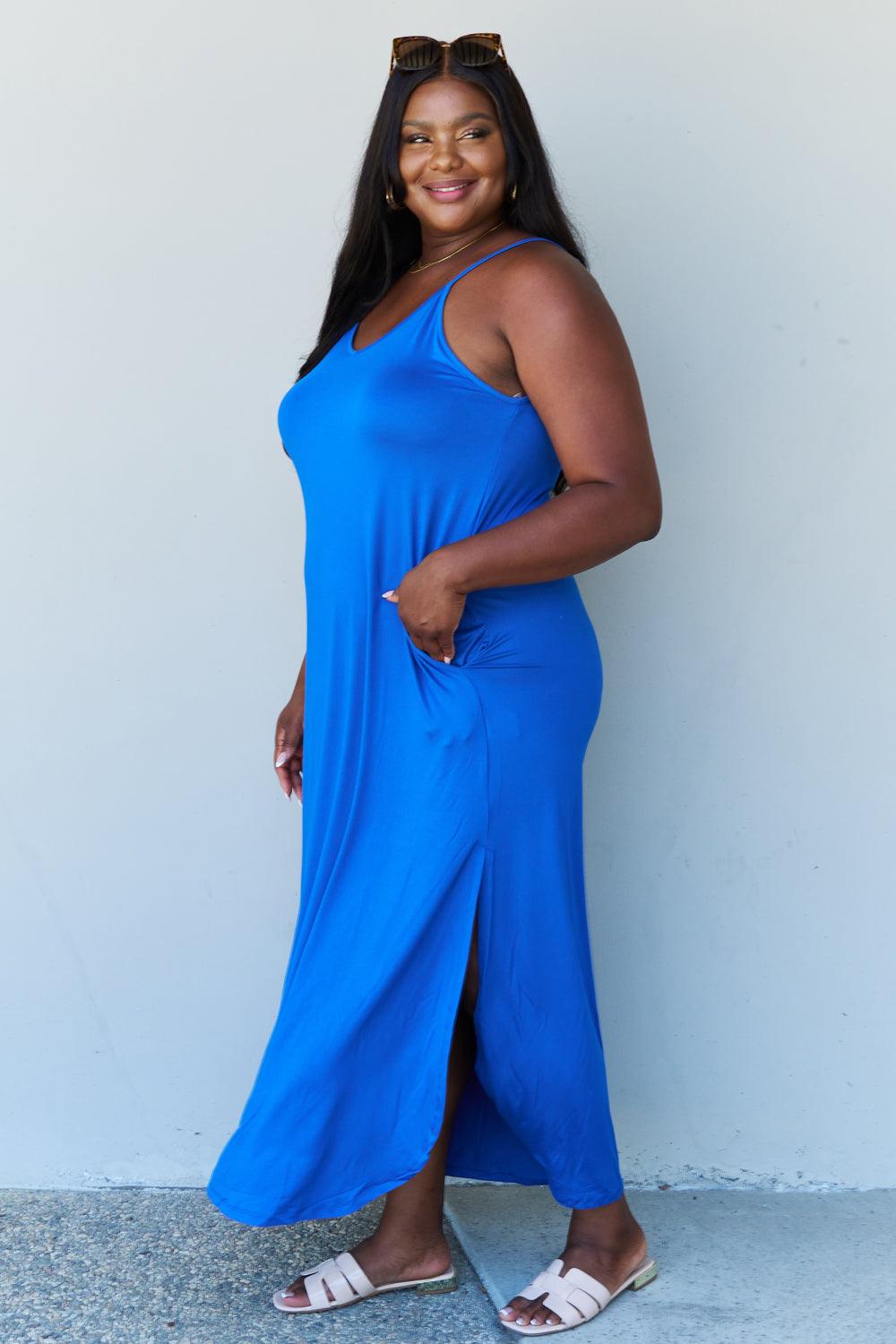 Ninexis Good Energy Full Size Cami Side Slit Maxi Dress in Royal Blue - Immenzive