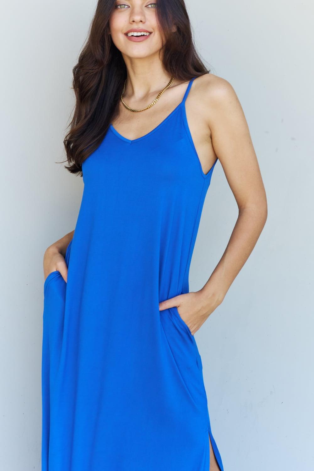 Ninexis Good Energy Full Size Cami Side Slit Maxi Dress in Royal Blue - Immenzive