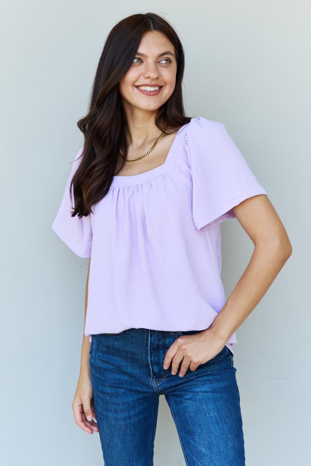 Ninexis Keep Me Close Square Neck Short Sleeve Blouse in Lavender - Immenzive