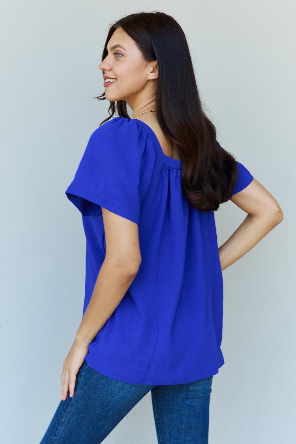 Ninexis Keep Me Close Square Neck Short Sleeve Blouse in Royal - Immenzive