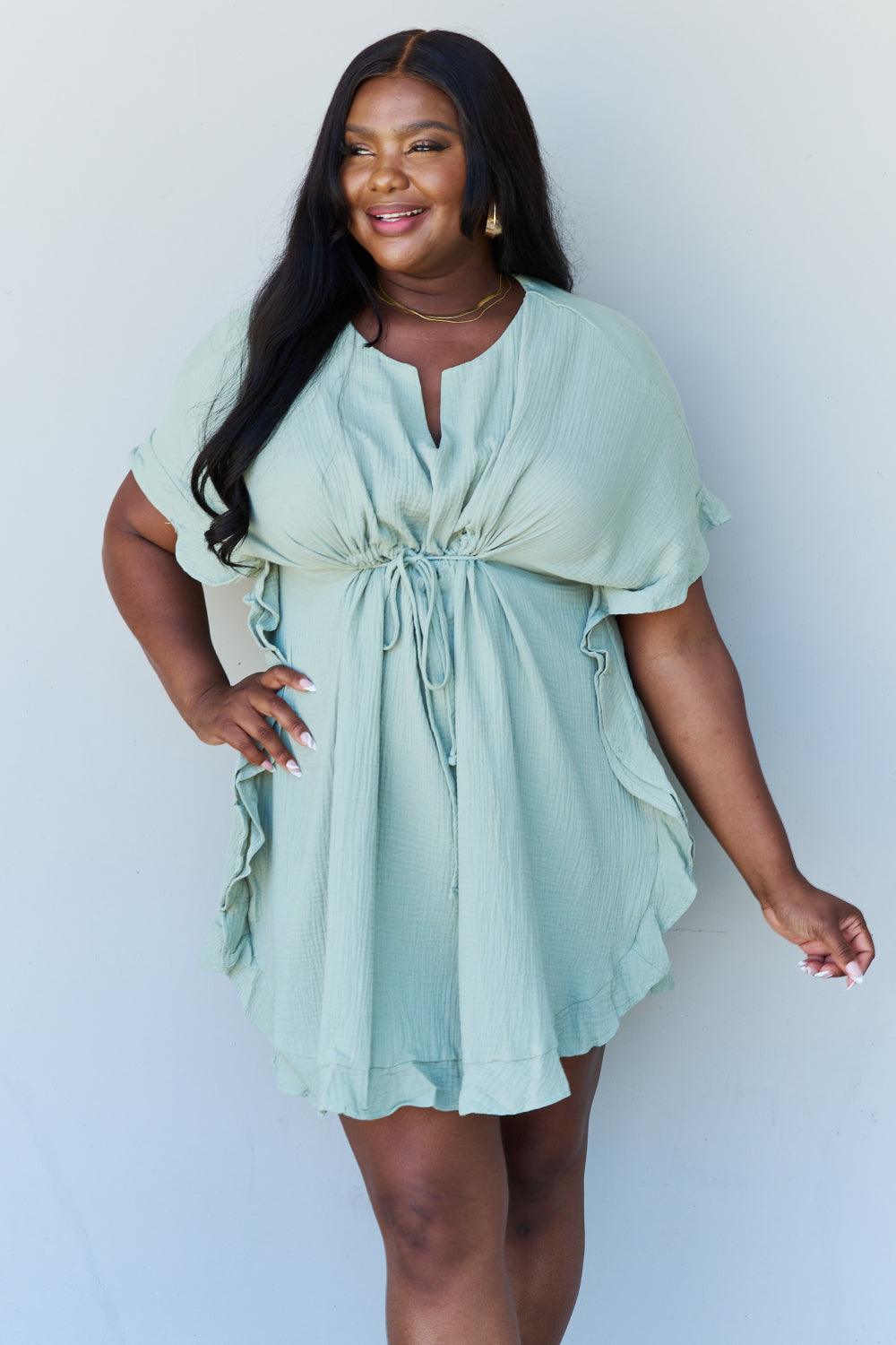 Ninexis Out Of Time Full Size Ruffle Hem Dress with Drawstring Waistband in Light Sage - Immenzive