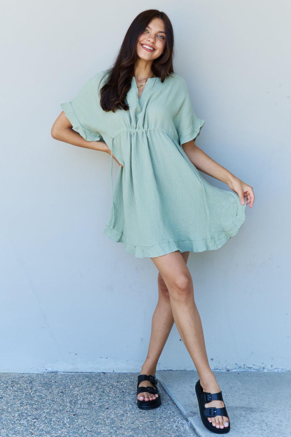 Ninexis Out Of Time Full Size Ruffle Hem Dress with Drawstring Waistband in Light Sage - Immenzive