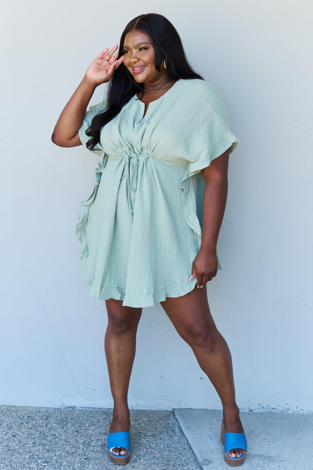 Ninexis Out Of Time Full Size Ruffle Hem Dress with Drawstring Waistband in Light Sage - Immenzive