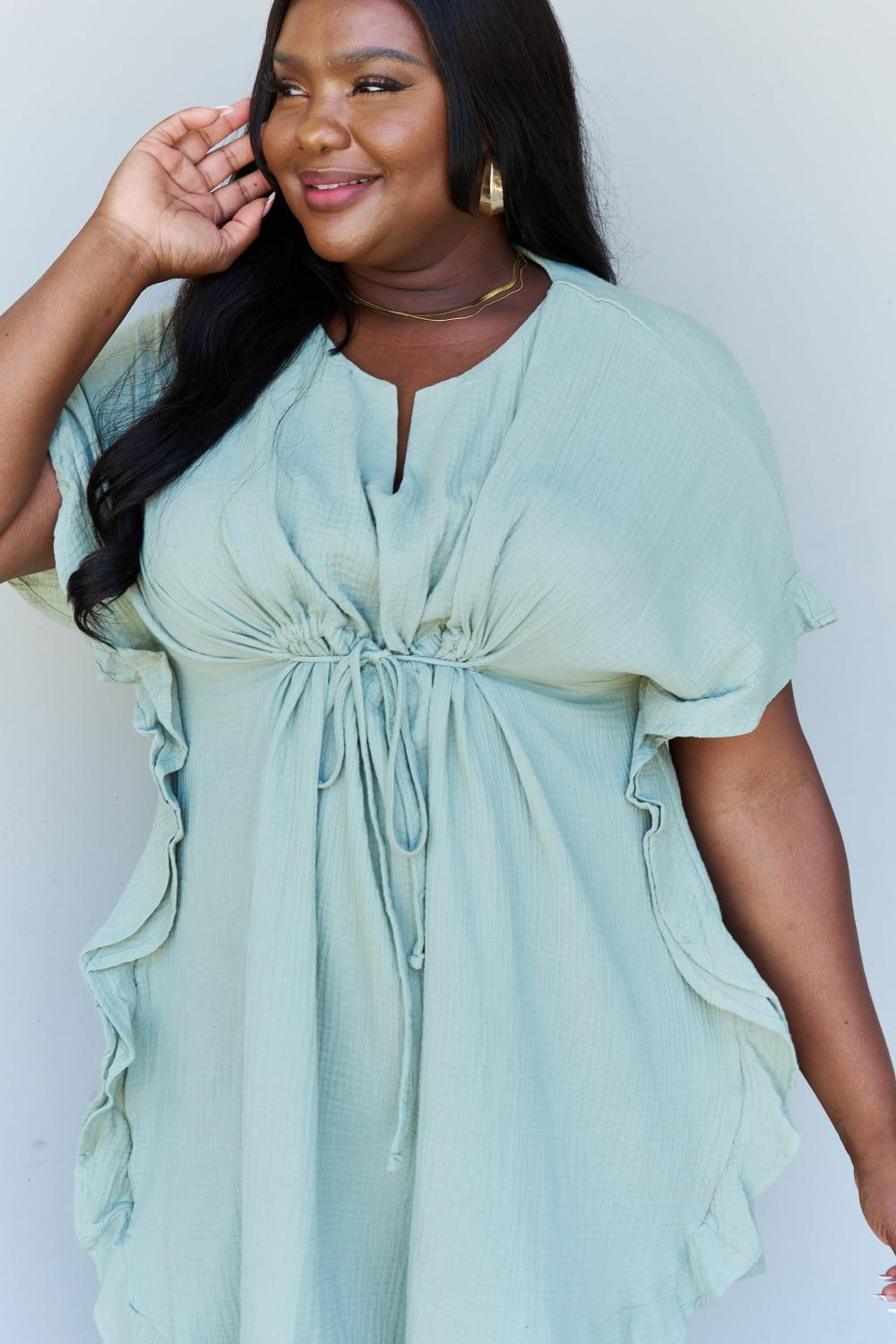 Ninexis Out Of Time Full Size Ruffle Hem Dress with Drawstring Waistband in Light Sage - Immenzive