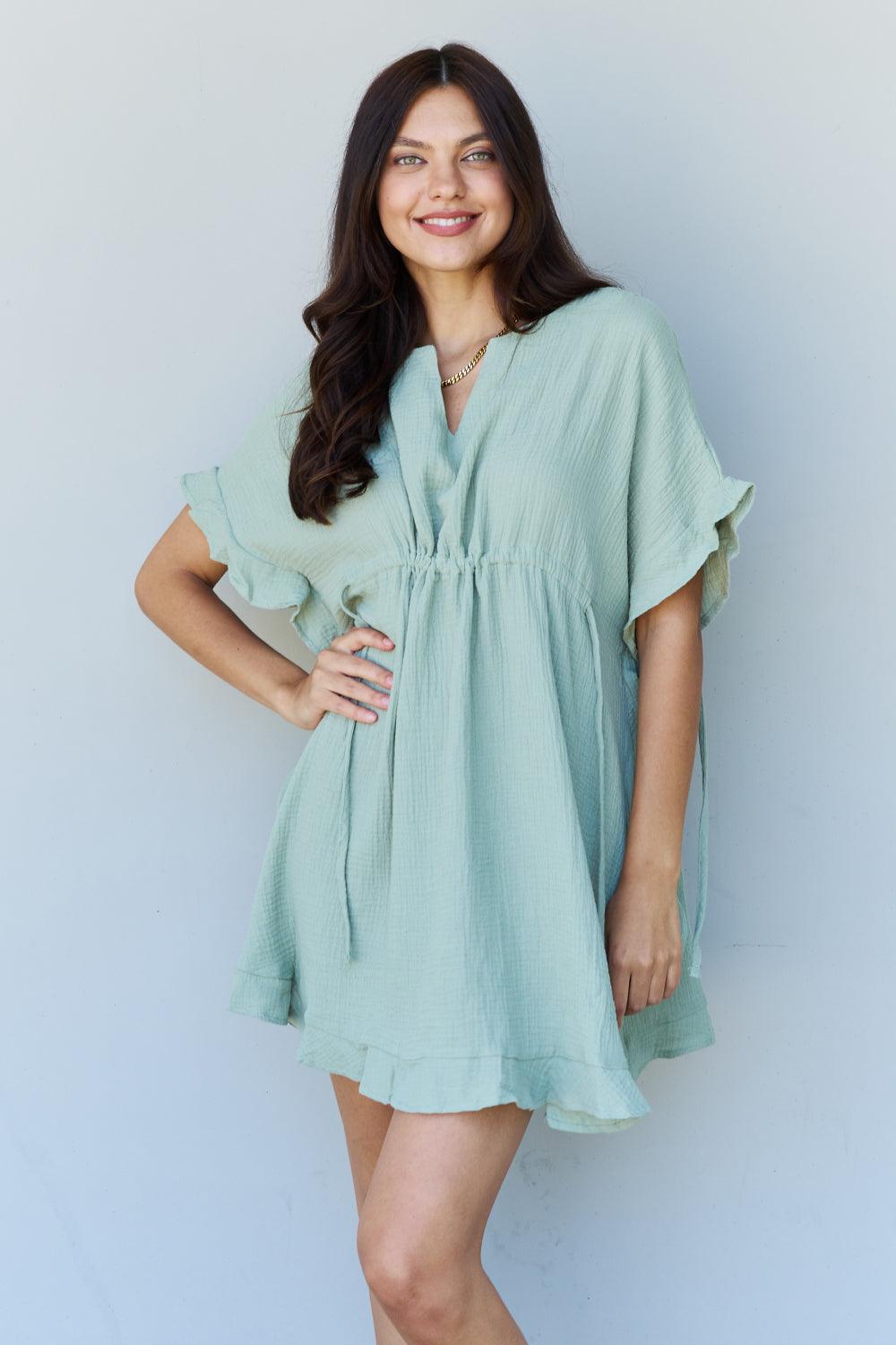 Ninexis Out Of Time Full Size Ruffle Hem Dress with Drawstring Waistband in Light Sage - Immenzive