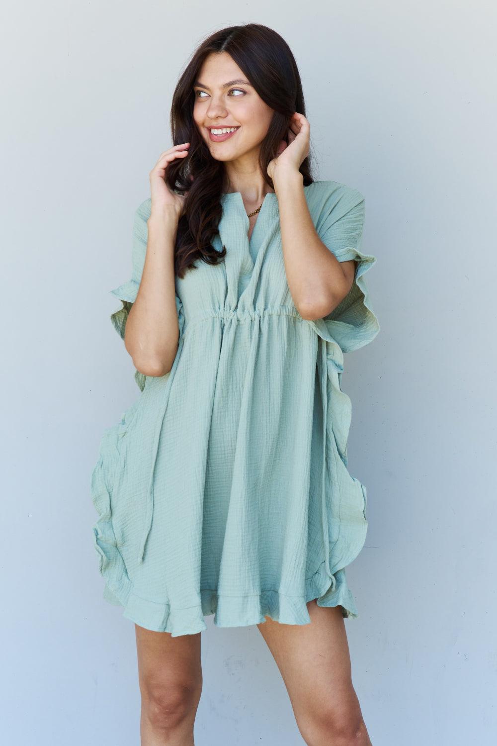 Ninexis Out Of Time Full Size Ruffle Hem Dress with Drawstring Waistband in Light Sage - Immenzive