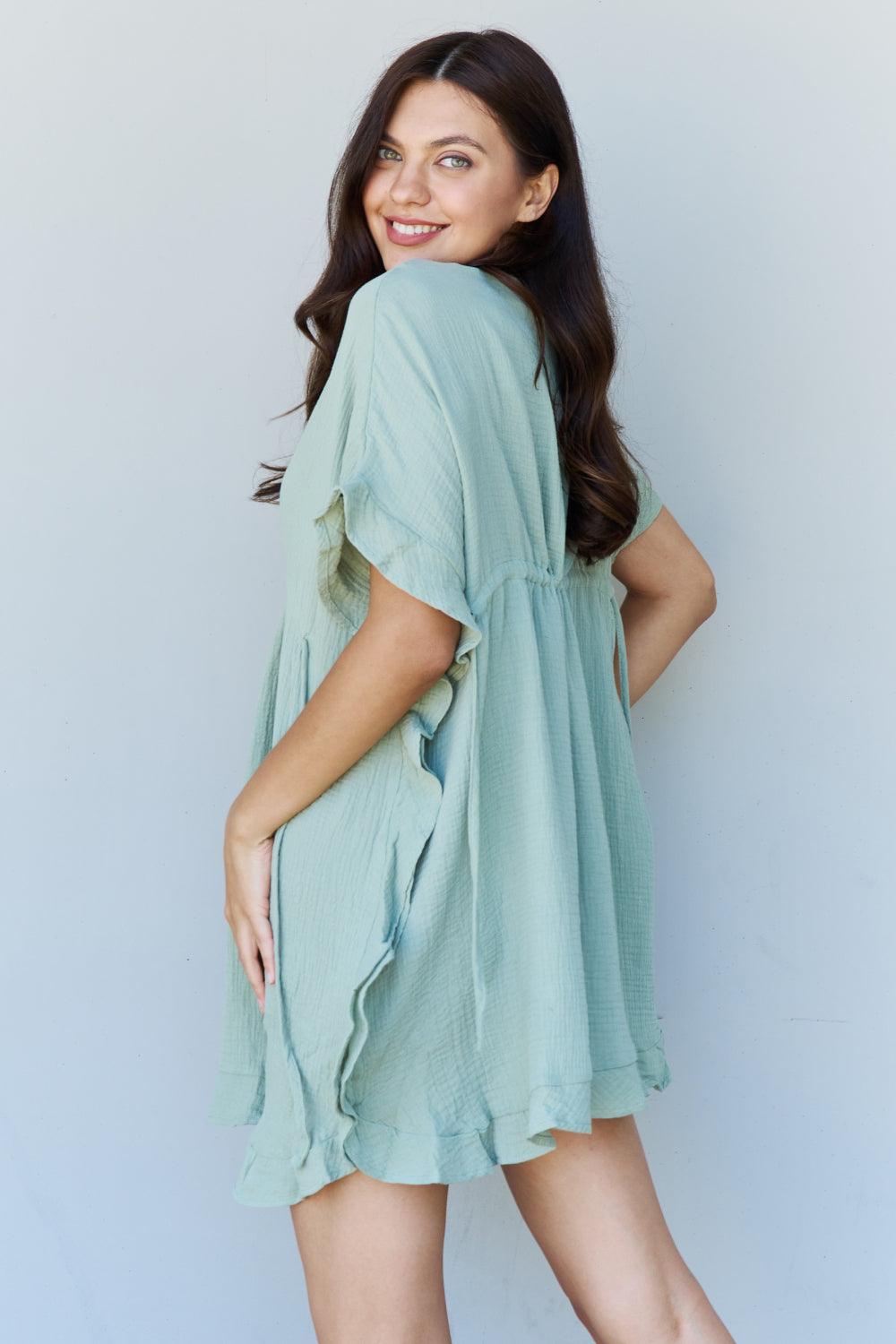 Ninexis Out Of Time Full Size Ruffle Hem Dress with Drawstring Waistband in Light Sage - Immenzive