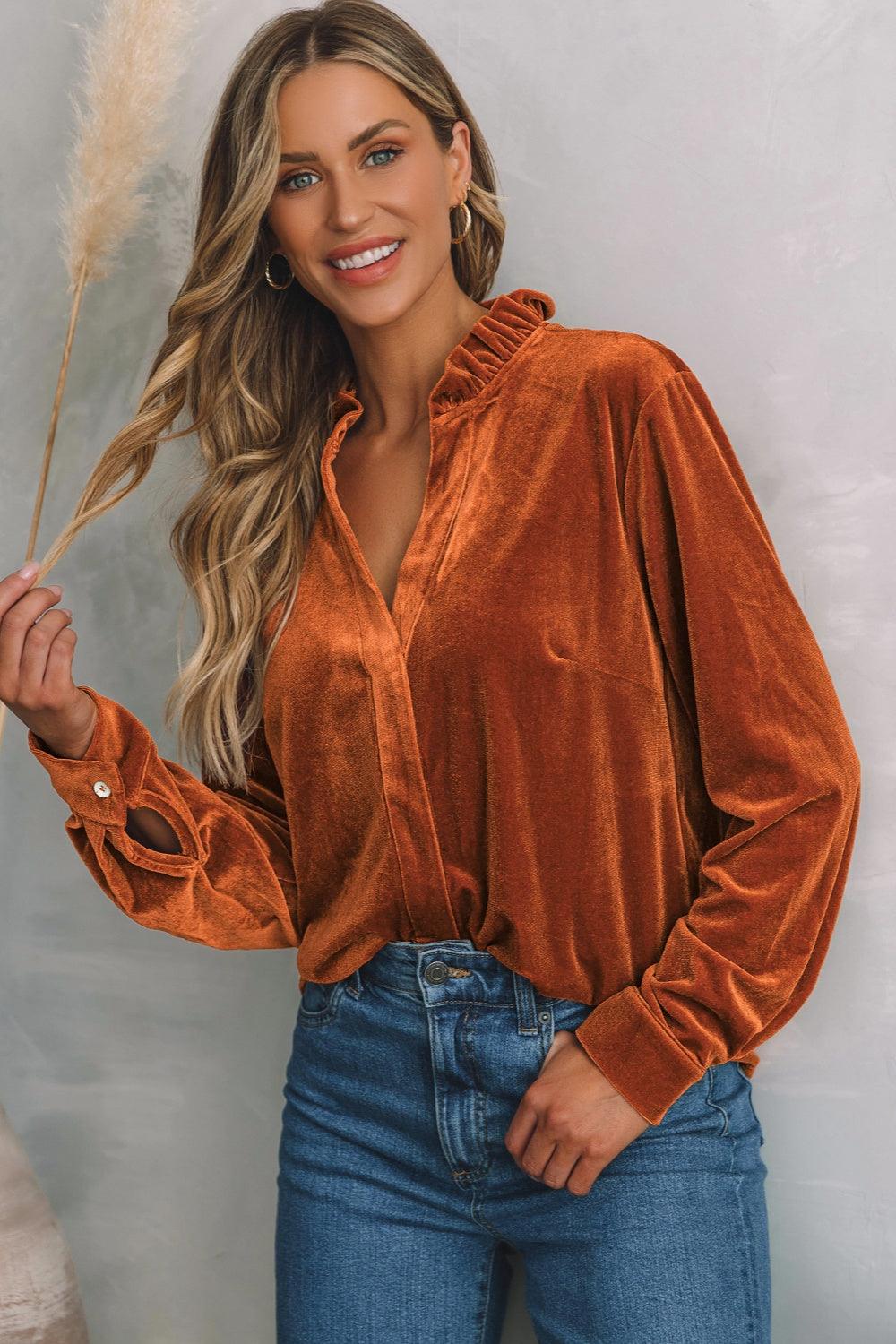 Notched Frill Detail Long Sleeve Blouse - Immenzive