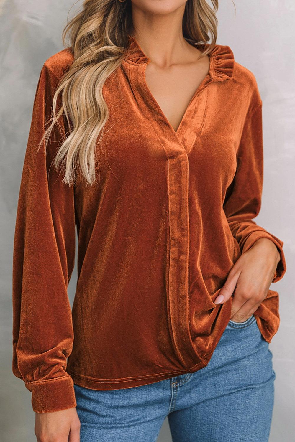 Notched Frill Detail Long Sleeve Blouse - Immenzive