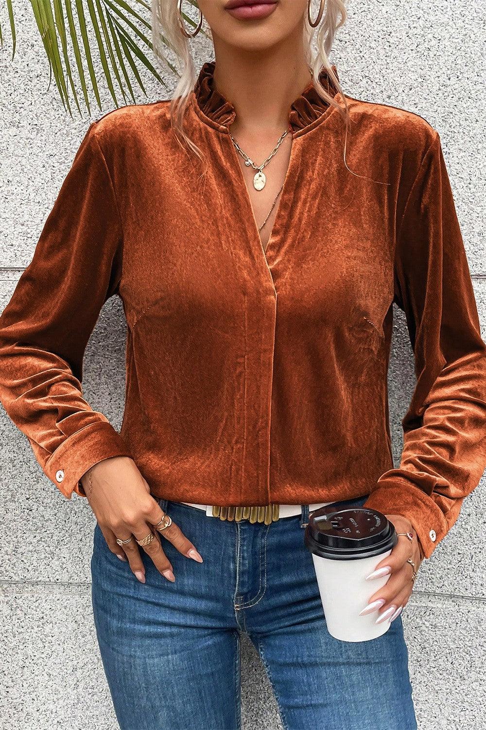 Notched Frill Detail Long Sleeve Blouse - Immenzive