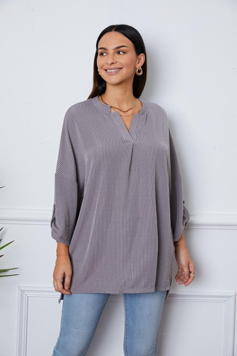 Notched Roll-Tab Sleeve Blouse - Immenzive