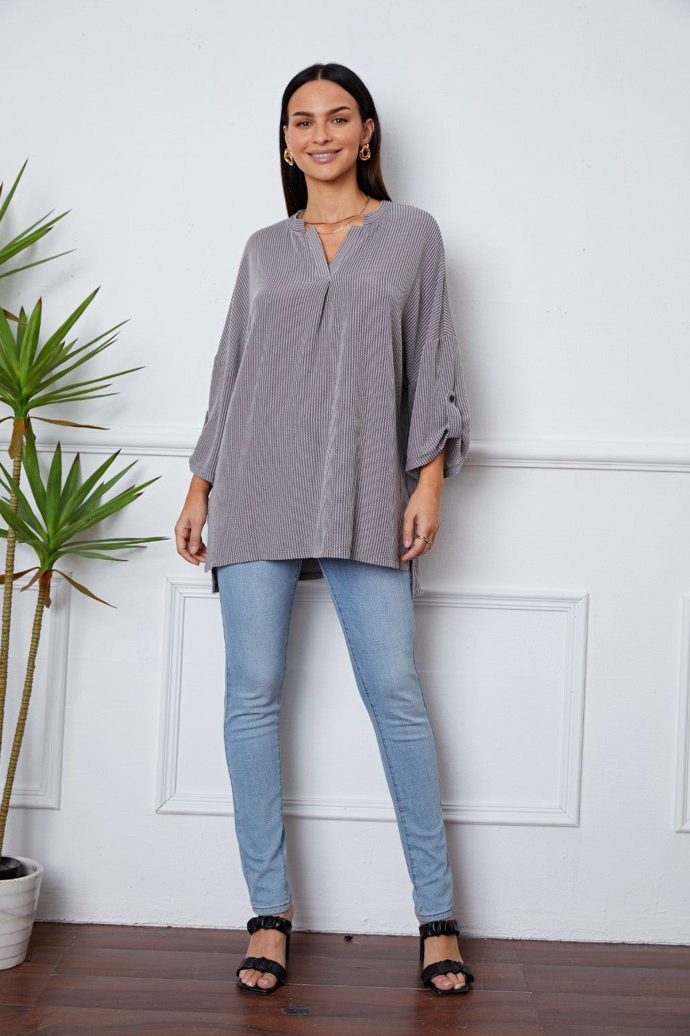 Notched Roll-Tab Sleeve Blouse - Immenzive