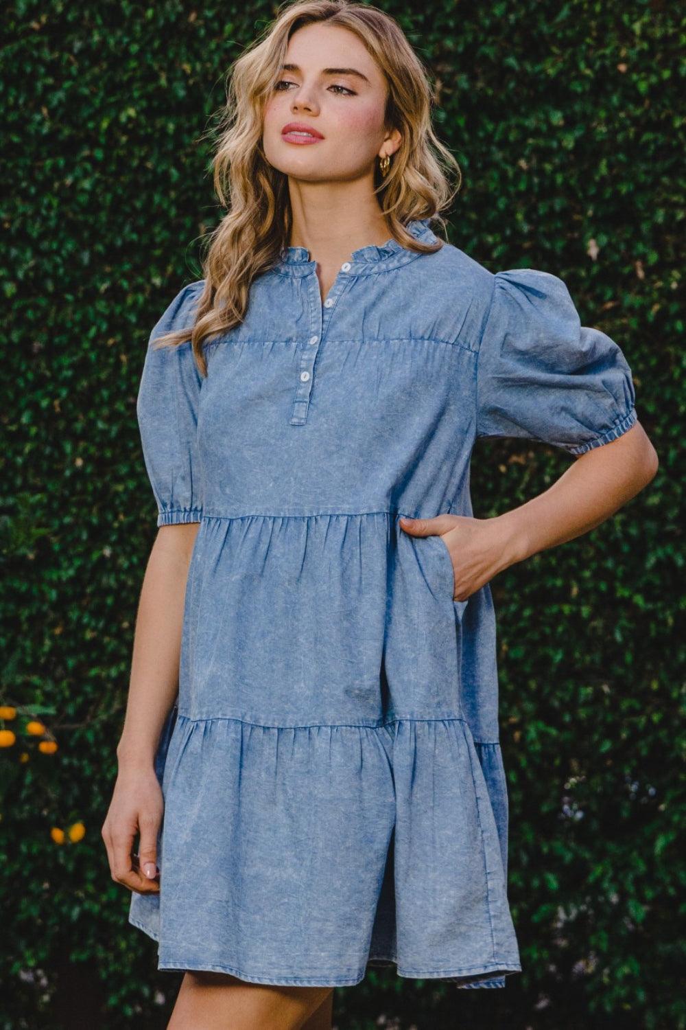 ODDI Washed Tiered Mini Denim Dress - Immenzive