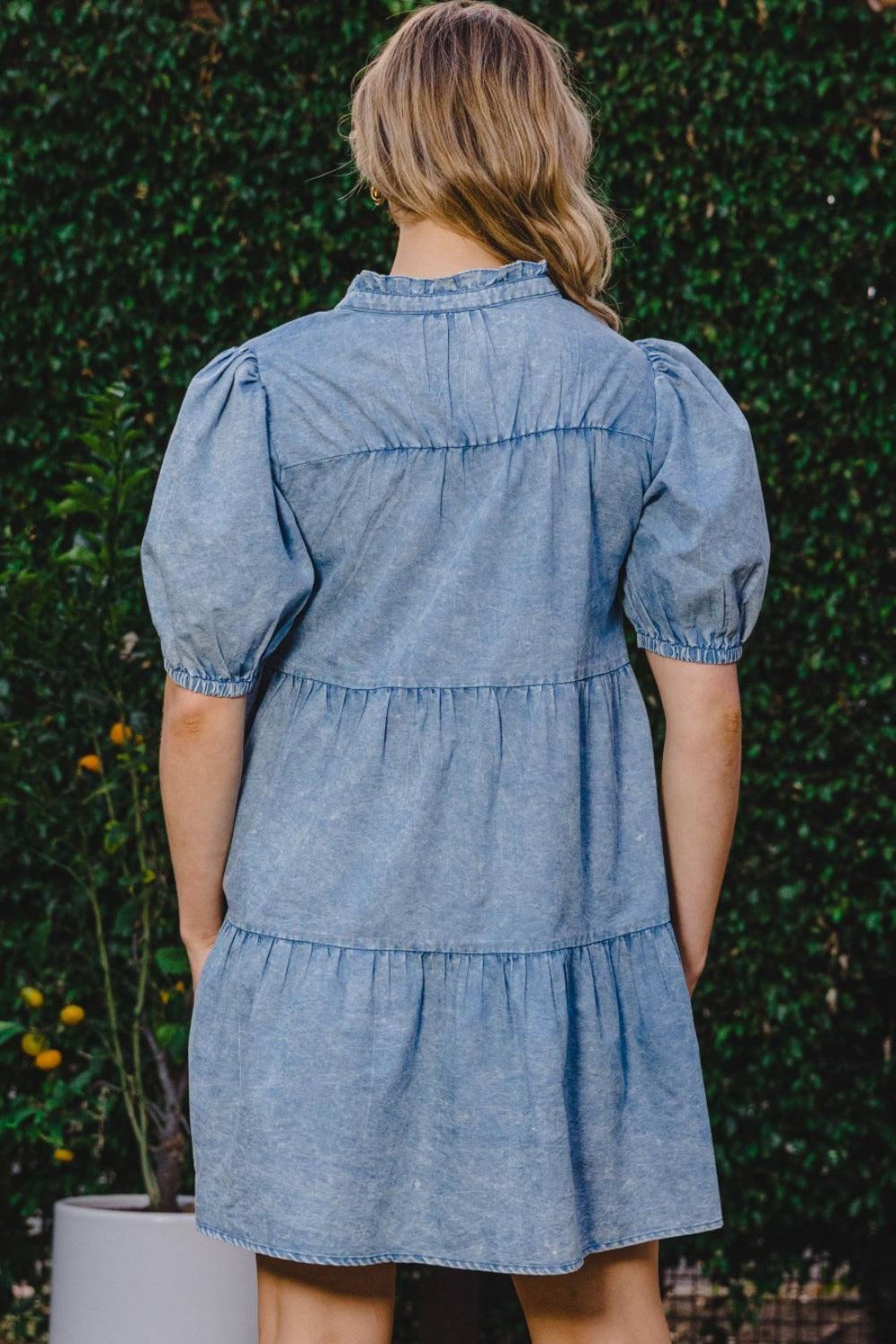 ODDI Washed Tiered Mini Denim Dress - Immenzive