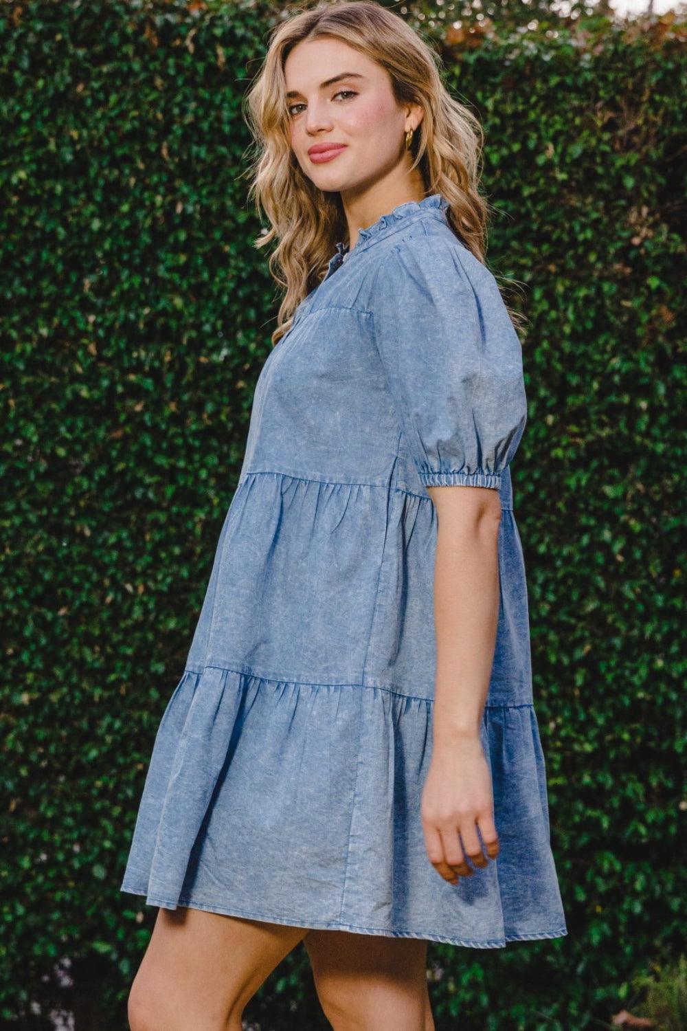 ODDI Washed Tiered Mini Denim Dress - Immenzive