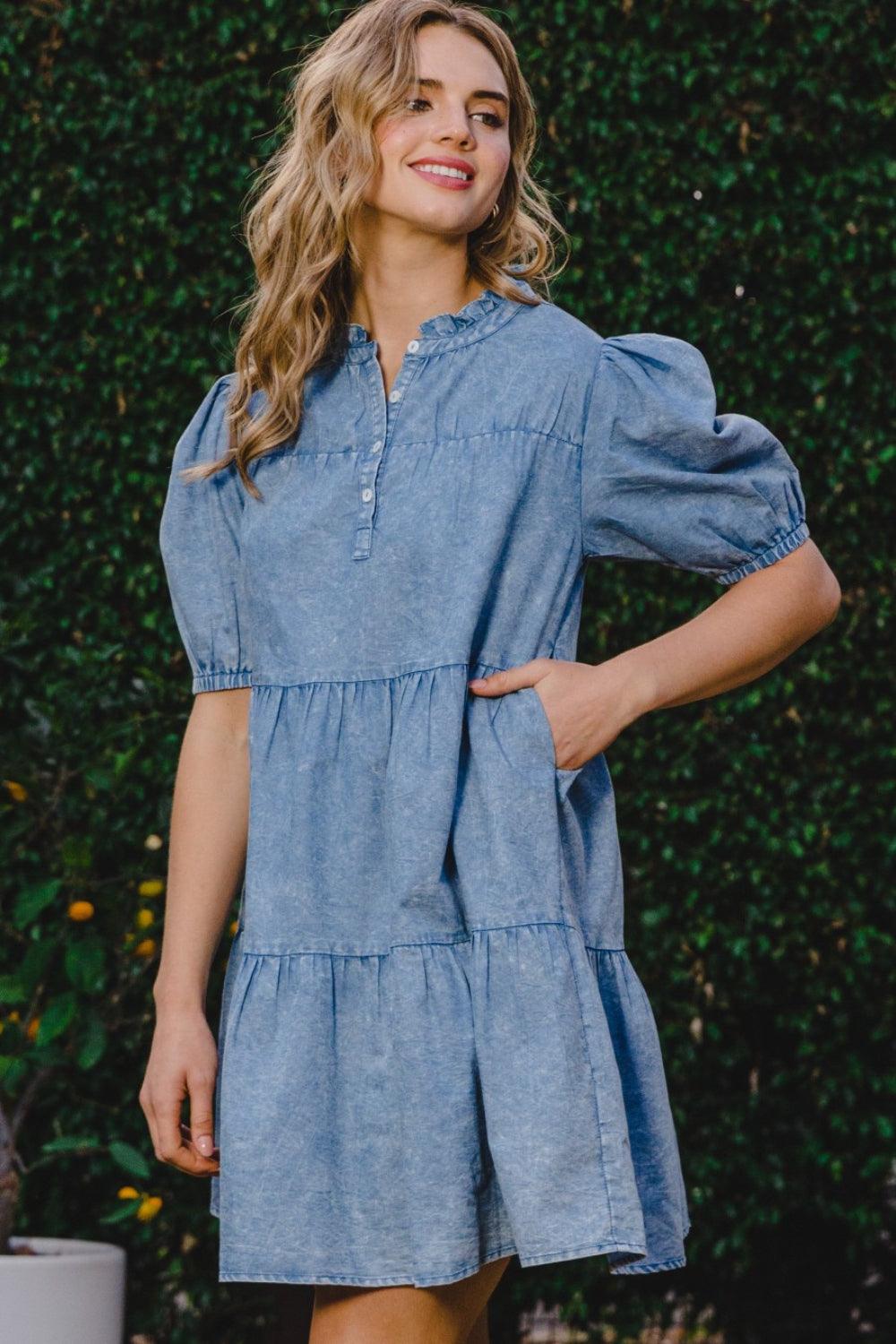 ODDI Washed Tiered Mini Denim Dress - Immenzive