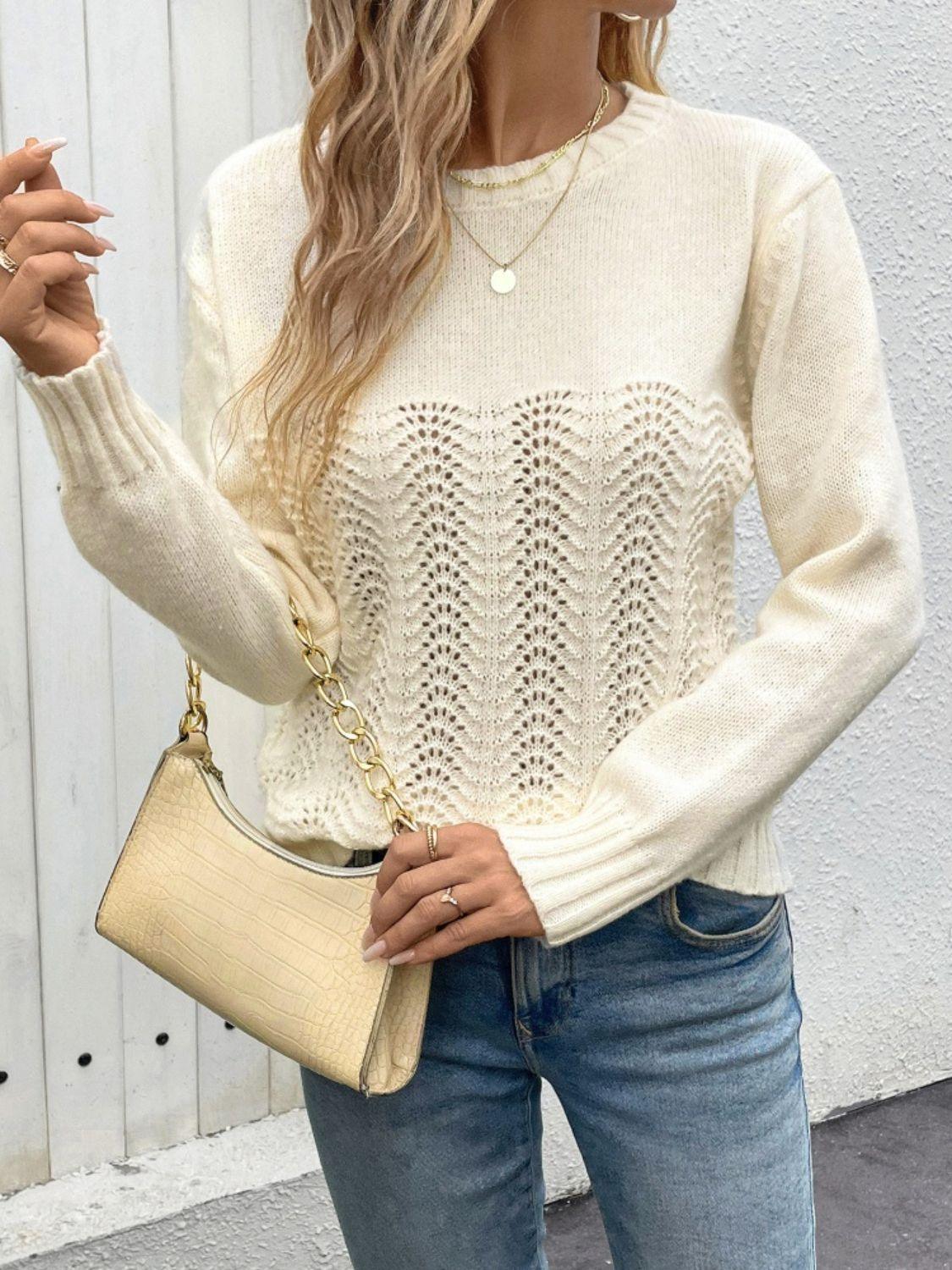 Openwork Round Neck Long Sleeve Sweater - Immenzive