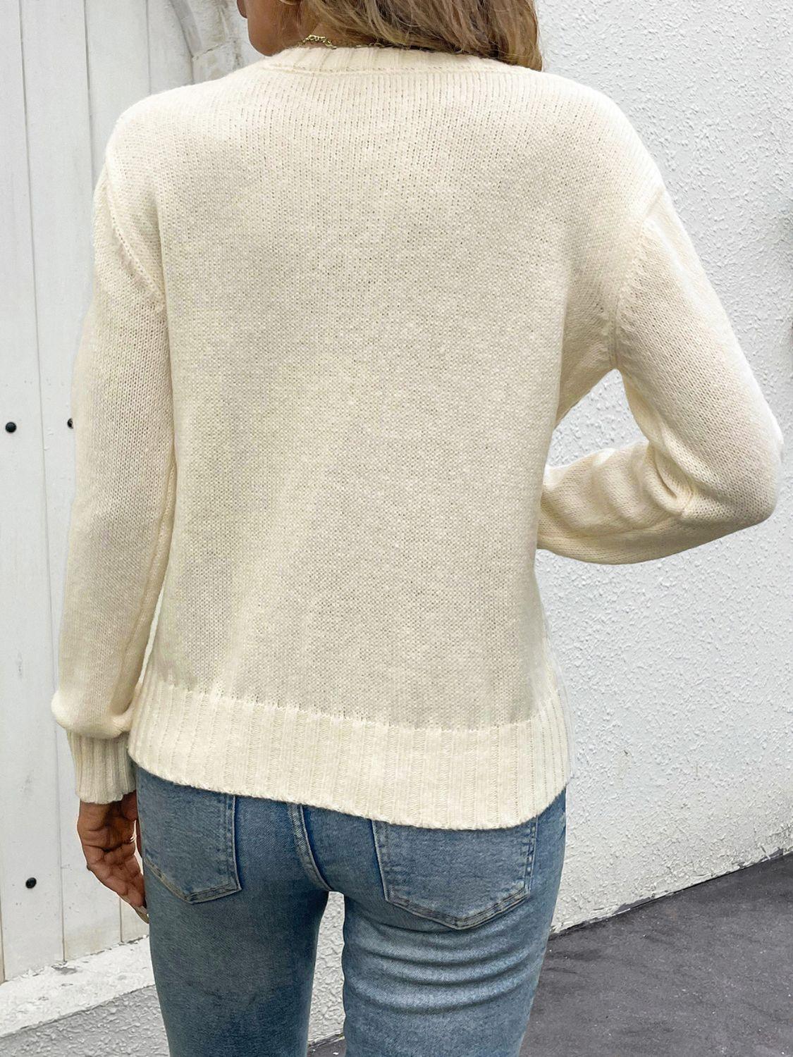 Openwork Round Neck Long Sleeve Sweater - Immenzive