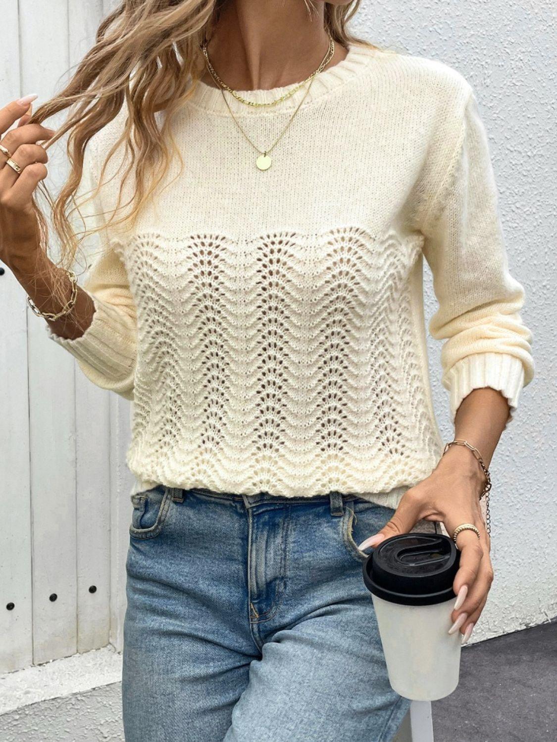 Openwork Round Neck Long Sleeve Sweater - Immenzive