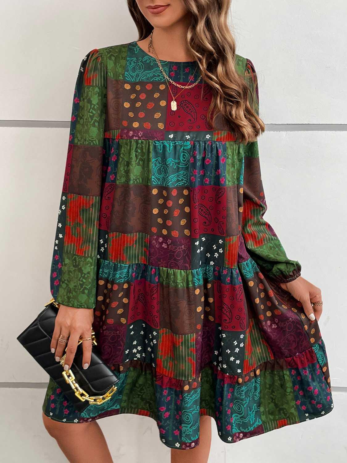 Patchwork Round Neck Long Sleeve Dress - Immenzive