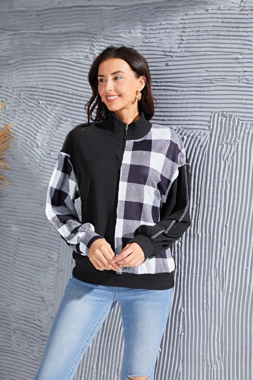 Plaid Exposed Seam Long Sleeve Blouse - Immenzive