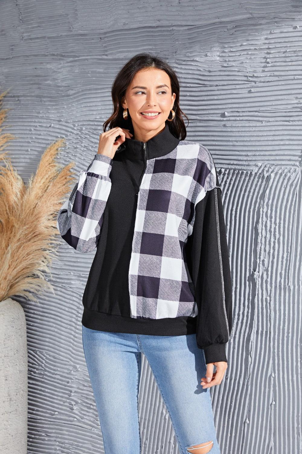 Plaid Exposed Seam Long Sleeve Blouse - Immenzive