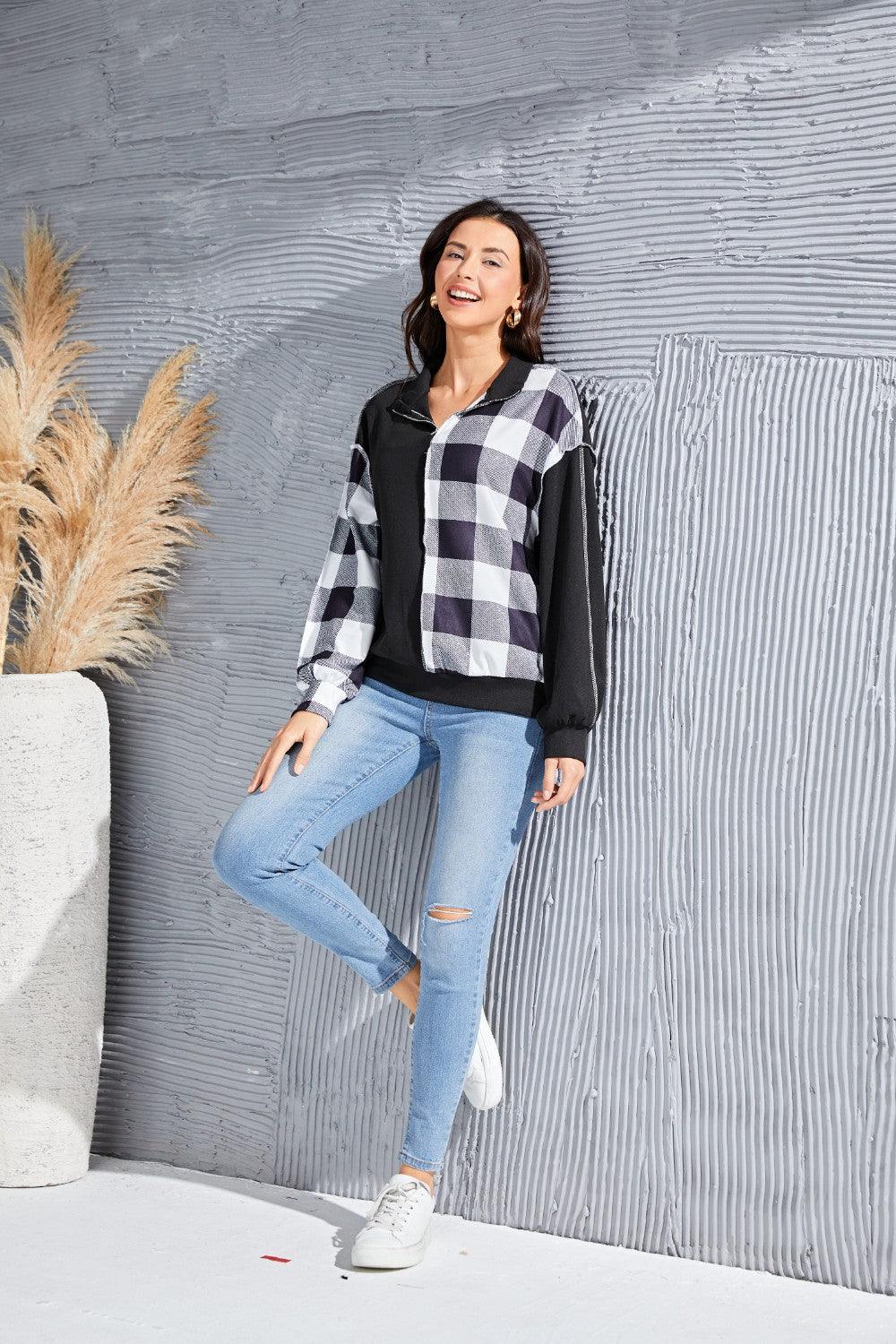 Plaid Exposed Seam Long Sleeve Blouse - Immenzive